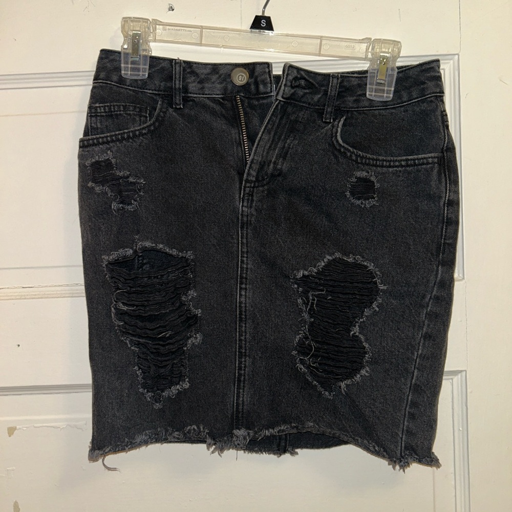 Black Ripped Denim Pencil Skirt